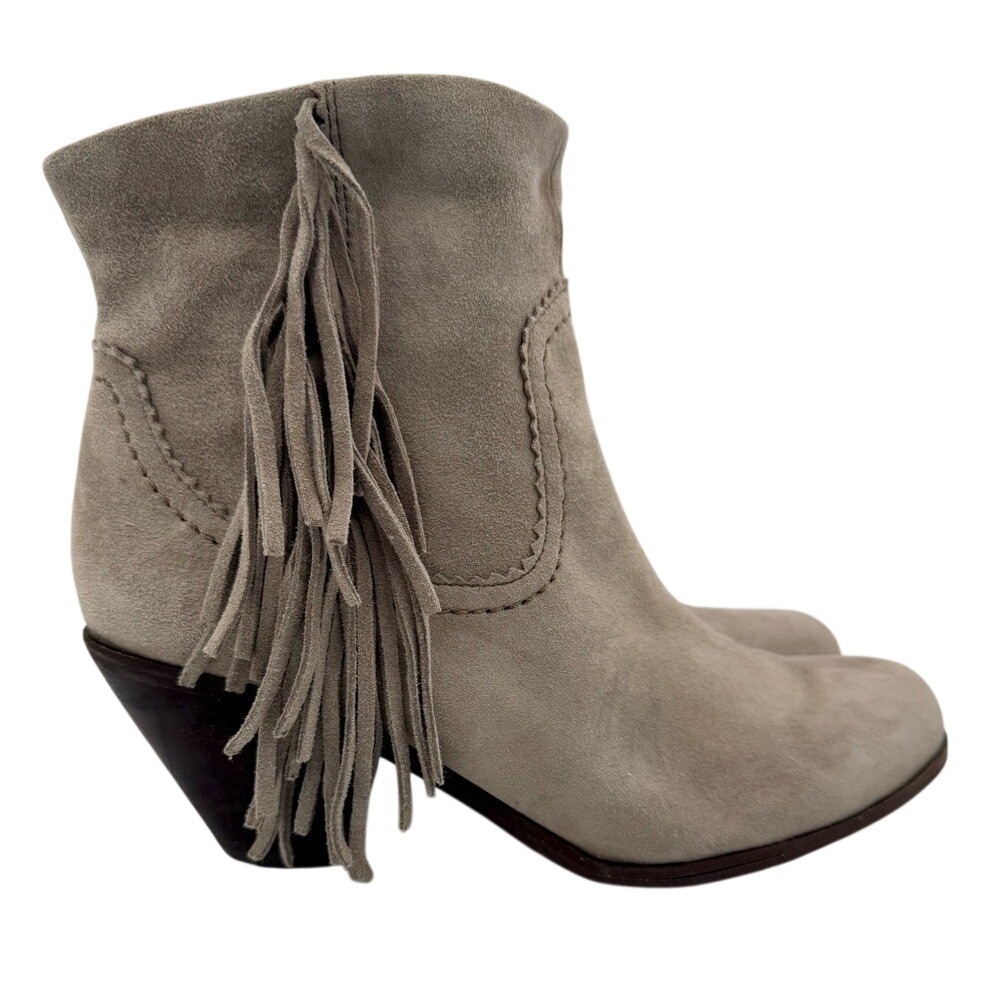 Sam Edelman Taupe Suede Fringe Ankle Booties Stacked Heel Women's 8, EUC